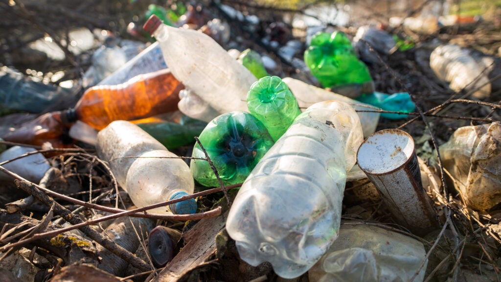 ground littered with plastic bottles