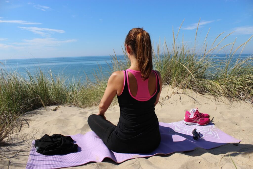 meditation yoga woman girl sand beach exercise harmony 1084638